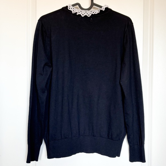 Sandro Paris Colane Crochet-Trim Navy Wool Silk Ruffle Lace Collar Sweater - Picture 4 of 6